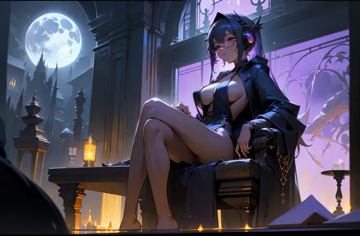 A woman wearing a bathrobe and headphones is sitting on a sofa、A beautiful night view behind、Big Breasts、sexy、Room with a night view、Moonlight、Unbuttoned、Half naked、Downlight、full moon、Stylish room with fireplace、Black-rimmed glasses、Silver Hair