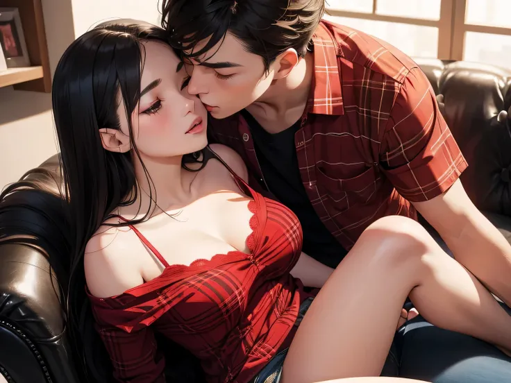 Young sexy girl wearing a red dress sitting on lap of young boy wearing a red and black flannel shirt and jeans who is sitting on a chair, kissing, making out, passionately, dim lighting, sexy, hot, lustful