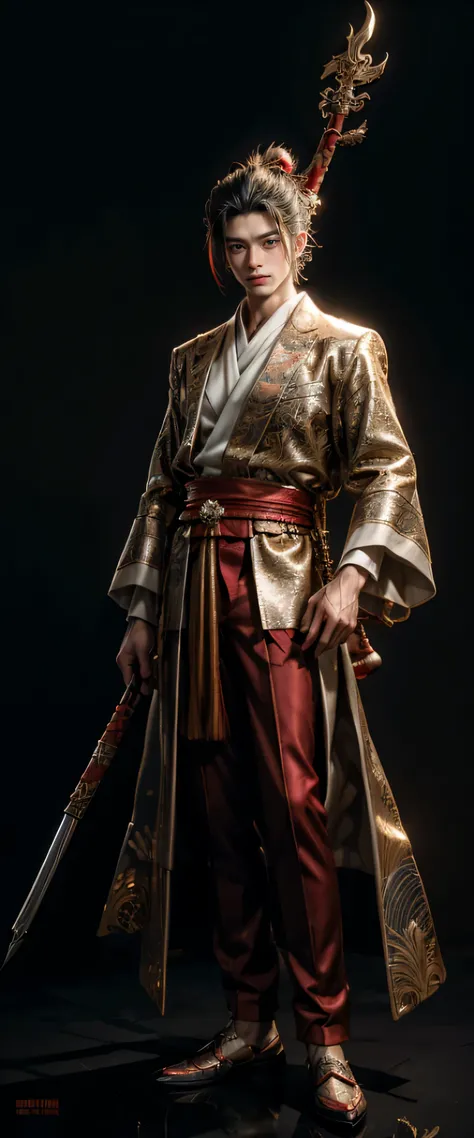 Full body portrait of handsome oriental boy in monkey shape standing at attention，Anime Wukong boy wearing clothes with the image of Monkey King, Monkey King，Gold and red tones，Holding a golden cudgel and spear，silver shoulder，Formal, exquisite and luxurio...