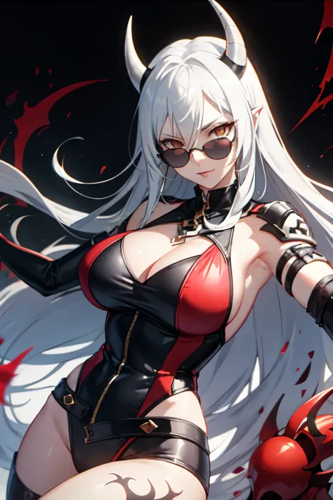 ((Best quality)), ((masterpiece)), (detailed), perfect face, fantasy character, sunglasses, tiefling, White hair, big breasts, red clothes, white eyes, horns, White skin, in blood, evil, daemon,sunglasses, evil pose, fighting pose, Dark background, Thick c...