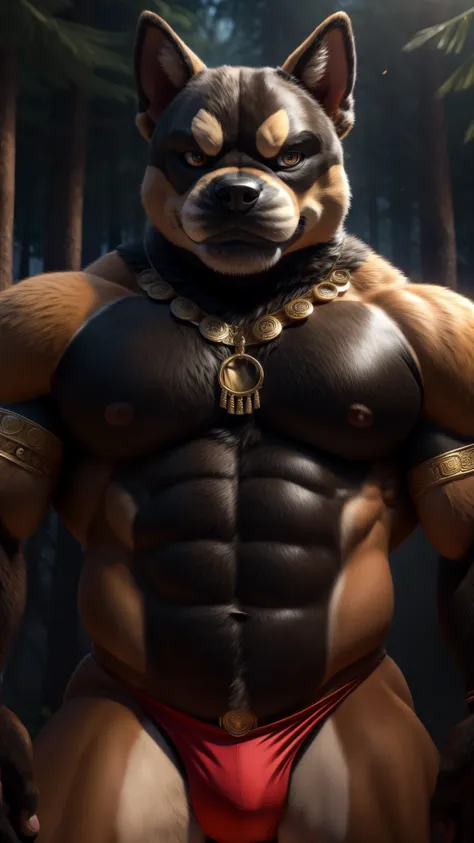 An adult muscular male French bulldog fursuit an extremely handsome Indian wearing the tribal clothes a supervillain pose looking at the viewer very horny wearing an extremely provocative and sensual thong a background of a forest village