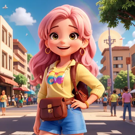 Uma jovem mulher sorridente, segurando uma pequena bolsa cheia de moedas, while singing lively in a colorful urban setting, with a rainbow in the background and some people around watching her with admiration and smiles on their faces