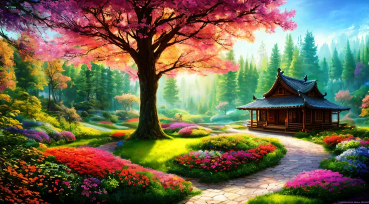 Masterpiece Grade CG Unity 8K Wallpapers，top-quality，ighly detailed。Magnificent Forest of Dreams，A towering tree，Glowing mushrooms，log cabin，Beautiful fairytale canyon，Create a mysterious and charming atmosphere。Use pastel colors and oil painting styles，Bo...