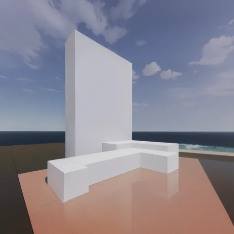 there is a white bench sitting on a red platform in front of a building, next to the reflecting ocean, rendered in pov - ray, rendered in unreal, rendered in rtx, architecture render, screen space reflections, rendered on unreal 3 d, rendered in unrealengi...