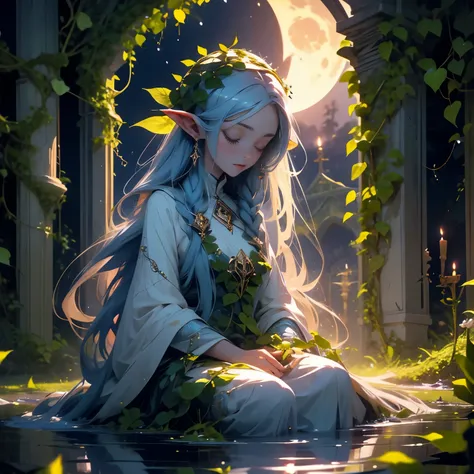 A moon elf maiden undergoes a cleansing ritual where tentacles of flowered ivy and vines caress and clean her under a moonlit sky 