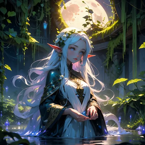 A moon elf maiden undergoes a cleansing ritual where tentacles of flowered ivy and vines caress and clean her under a moonlit sky