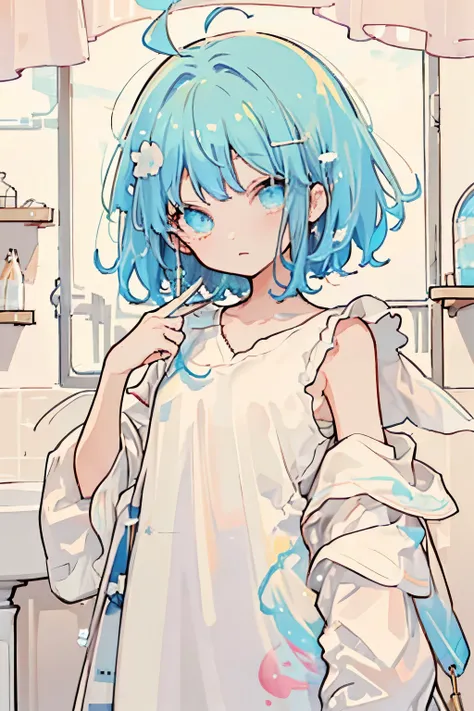 夢のようにcute、with paddle、masterpiece、highest quality、highest quality、Watercolor(curly)、Official Art、Beautiful and aesthetic:1.2)、(Beautiful girl:1.3)、pattern、(、Shoulder-length light blue hair, ((short hair)), colorfulな髪:1.2)、Shine、colorful、Hair spreads all ov...