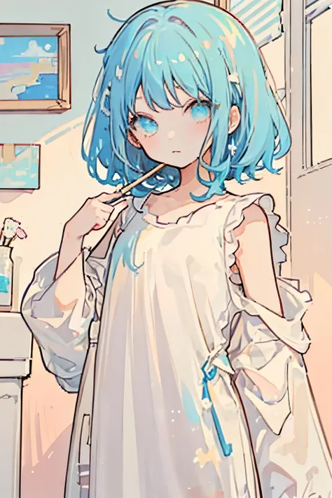 夢のようにcute、with paddle、masterpiece、highest quality、highest quality、Watercolor(curly)、Official Art、Beautiful and aesthetic:1.2)、(Beautiful girl:1.3)、pattern、(、Shoulder-length light blue hair, ((short hair)), colorfulな髪:1.2)、Shine、colorful、Hair spreads all ov...