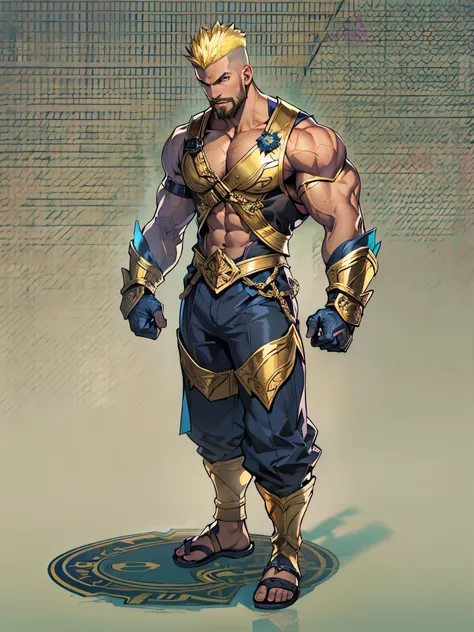 masterpiece, best quality, hyper-detailed, ultra-detailed, hires, 1boy, Brazilian, brown skin, blonde hair, short hair, crew cut, mohawk, dark blue eyes, gold earrings, abs, light armor, beard, facial hair, gloves, male focus, muscular, college-age man, sa...