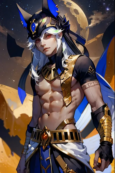 1 adult male solo,  long white hair, red eyes, dark tanned skin, cyno genshin impact, bare chest, golden accessories, dark pants, black fingerless gloves, head mask hat jackal, in the desert at night, stars in the sky, desert sand, pyramids and ruins