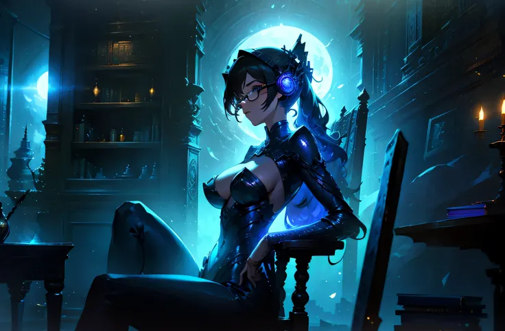 A woman wearing headphones is sitting on a chair、Bookshelf at the back、big breasts、sexy、A room full of bookoonlight、exposed、Downlight、full moon、Stylish room with fireplace、Glasses