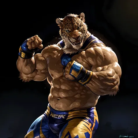 king, tekken, 4k, high resolution, best quality, detailed, posted on e621, solo, human body, jaguar head, male, very muscular, (...