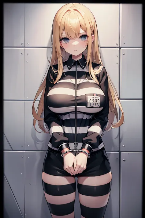 mugshot, view the viewer, huge breast, prisoner, prison girl, jailed, prisoned, striped black and white prison jumpsuit, handcuf...