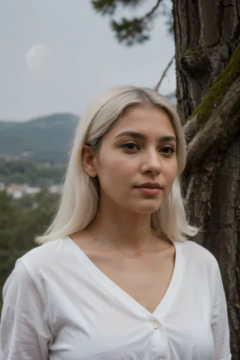 ((mejor calidad)), ((acuarela)), (detallado), perfect face brown skinned indian with bright white hair watching the moon from the top of a treeless mountain