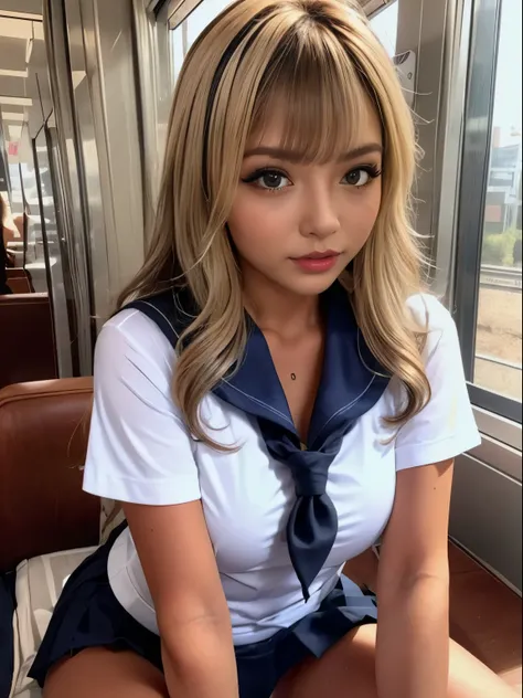 in the train、Gal, (Anatomically correct,),masterpiece, highest quality, RAW Photos, Realistic, face, Beautiful girls, cute, Blunt bangs, Written boundary depth, High resolution, 超detailedな, detailed, ighly detailedd, extremely detailedd eye and face, Reali...