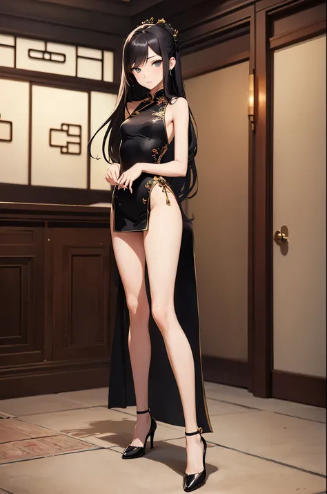 a sexy woman, (best quality), (masterpiece), (1girl), slim, anime, tall, (flat chested), (chinese dress), (front view), (sexy pose), (full body view), (perfect legs), (beautiful legs)
