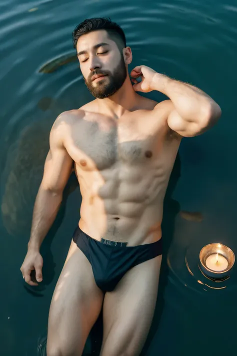 Best quality, masterpiece,ultra high res,detailed background,realistic,in the Water,from above,closed eyes,1man,solo,male,muscular,mature male,short facial hair,beard,buzz cut,very small loincloth,lying,lotus,candle,water,real shadow and light,depth of fie...