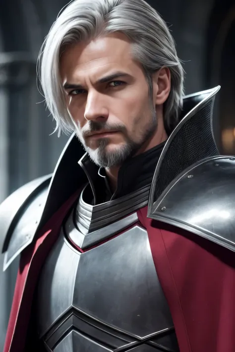 male knight, with short gray hair that has a dark gray strand of hair, full short gray beard with a strand of dark gray hair, (combed back hair), red-colored eyes, (red pupils), a portrait of a noble vampire knight, (vampire), (60 years old), wrinkles, old...