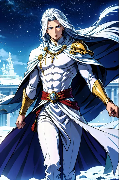 imagem de anime, (((homem))), masculino, man, vestindo uma armadura brilhante e detalhada, elegante, elegant and flowing robes, ((cabelo branco)), ((olhos cor de prata)), na neve, cidade gelada, muito frio, imagem detalhada, 16k, imagem de corpo inteiro 