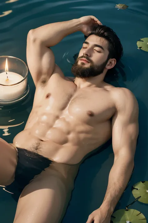 Best quality, masterpiece,ultra high res,detailed background,realistic,Ophelia in the Water,from above,closed eyes,1man,solo,male,muscular,mature male,facial hair,beard,short hair,lying,lotus,candle,water,real shadow and light,depth of field