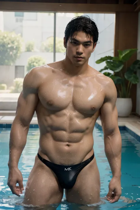 Masterpiece, Japanese male swimmer, handsome, perfect figure, big muscles, pale skin, voluptuous face, black hair, small white swimming micro thong, wet body, sexy, dynamic pose, portrait , indoor swimming pool