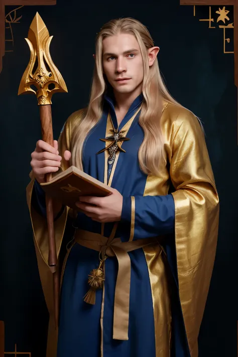 cartonistic male elf with a long blond hair, with a mage robe royal blue and with gold details on it, using a big dragon shapped staff craft in black wood with blue diamond on its eyes, holding a big golden open book on one hand and the staff on the other