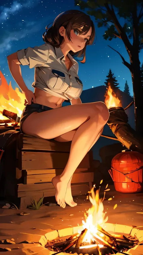 (Campfire:1.3),Beautiful girl busty camper having a campfire