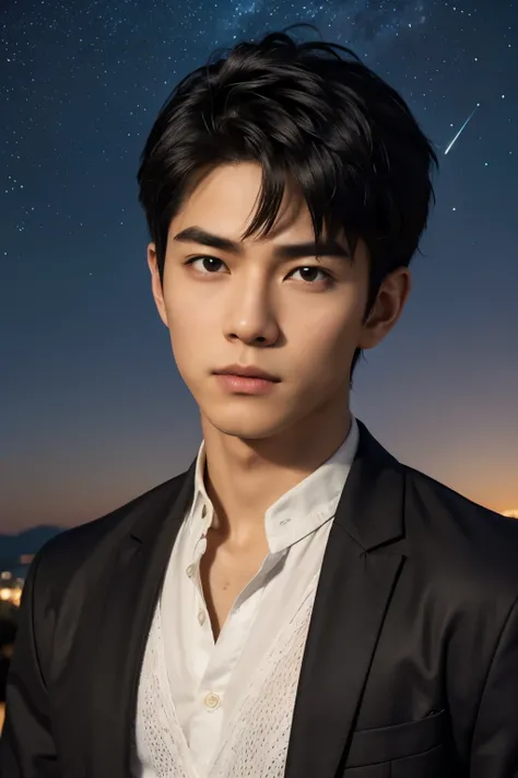 (photorealistic, masterpiece, 8K HD, good lighting quality, portrait, closing up on face, intricate details, dim lighting), a handsome young vietnamese man, 25 years old, sharp gaze, confident, soft smirk, detailed face, detailed eyes, looking at the sky, ...