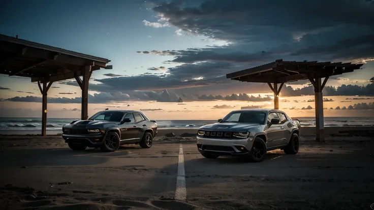 Une jeep grand cherokee trackhawk
Et une dodge challenger srt hellcat garée en 3/4 facing each other on a beautiful beach in Martinique We can see a flash in a dark but bright sky