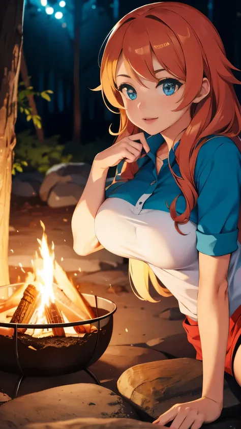 Beautiful girl busty camper having a campfire