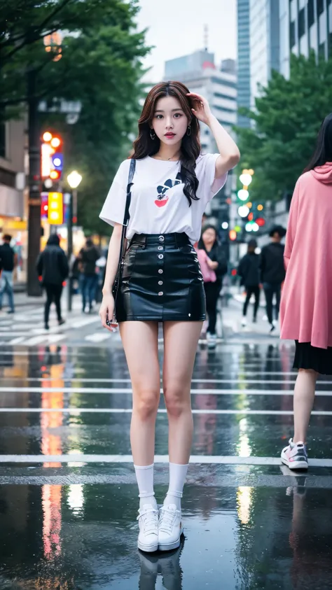 realistic Korean girl k-pop in the middle of a big intersection in the city center,  and theres rain.