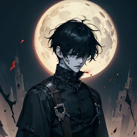 Male, pale, gothic boy, mysterious, slim, hunchback, creepy, hair over his eyes, eyebags, black hair, blood