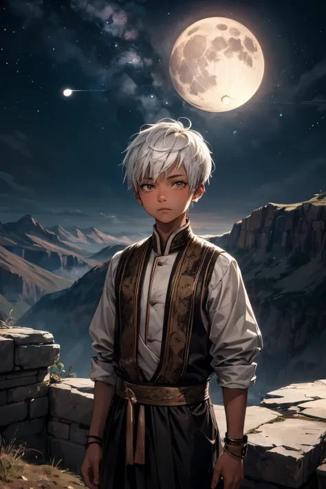 1 boy , hair white short, eyes black, side lighting, cara detallada, brown skin, background in a mountain where you can see the moon, loose indian clothes, bring a arrow

