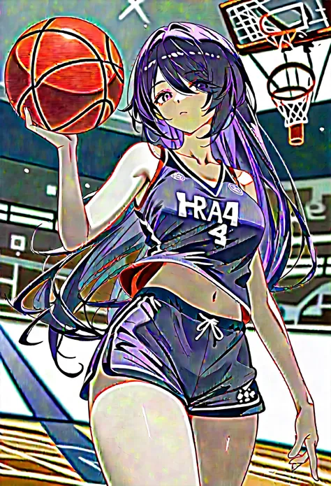 (score_9,score_8_up,score_7_up),mature girl, milf,looking at viewer, expressionless,
basketball uniform, shorts, purple tank top, purple shorts, closed mouth,
blurry, collarbone, basketball stadium, standing, contrapposto, holding basketball, 
cowboy shot,...