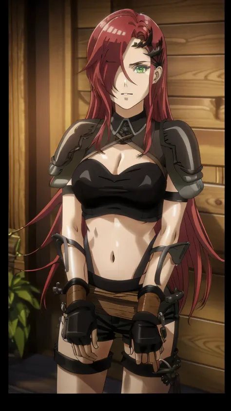 sisro, anime, a woman, long red hair which covering her right eye, green eye, black hair ornament, black adventure exposing body top, midriff, black gauntlets, black shoulder pads, teenie black jeans,  8k, 16k,trending on pixiv, fanbox, skeb, masterpiece, ...