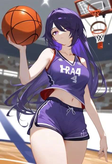 (score_9,score_8_up,score_7_up),mature girl, milf,looking at viewer, expressionless,
basketball uniform, shorts, purple tank top...