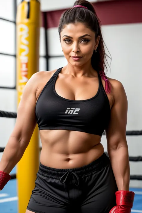 Full body photo of SEXY 50YO MATURE MILF AISHWARYA RAI as SEXY MMA FIGHTER, ((smirking face)), black gym shorts, tank top, braided coloured ponytail hair, (((fighting pose in MMA ring))), FIGHT CLUB NIGHT scene, healthy mature hourglass figure, breasts wit...