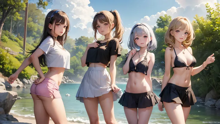 ((highest quality)), ((masterpiece)),(Noble), (cute), (3 girls:1.8), three girls are posing for a camera outdoors in the water, (Flipping one&#39;s shirt), (very small bikini top),The wind blows up my skirt,(stand in line), (Close-up shot from the knee:1.5...