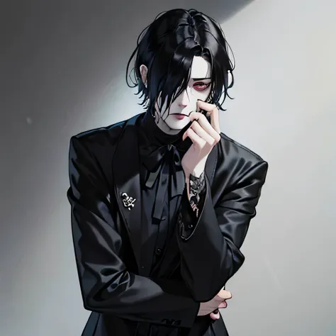 Male, pale, gothic boy, mysterious, slim, hunchback, creepy, hair over his eyes, eyebags, black hair, blood, blind, goth, sad, emo