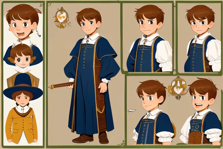 poor but smart bright 7-year-old boy in 15th century European town, cute, illustration, childrens book, fullbody shot, various emotions and expressions, character design,