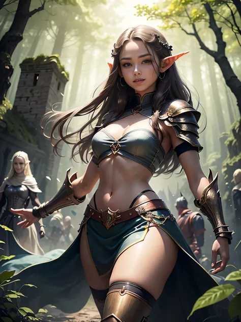 photorealistic, a high resolution, 2 beautiful female elf warriors,  long braided black hair, (wear elven baroque armor), battle-worn, magic, short elf skirt, short top, smiling, fantasy, dynamic pose, background of castle ruins in the forest, gray body sk...