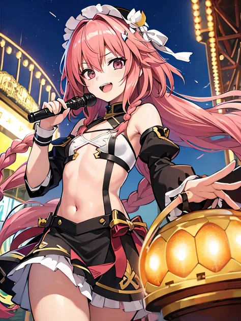 highest quality、8k、4k、high resolution、detailed, astolfo、fgo、bright amusement park、flat chest、long braids、a large audience、