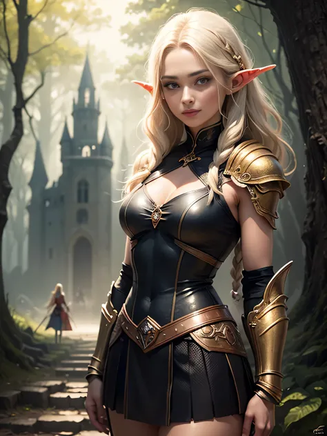 photorealistic, a high resolution, 2 beautiful women, elf warrior, blonde and brunette, tanned body, Bright skin, long braided black and golden hair, (wear elven baroque armor), battle-worn, magic, short elf skirt, short top, smiling, fantasy, dynamic pose...