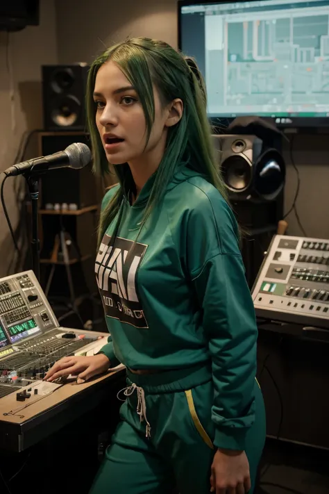 A cinematic-style, hyper-realistic full shot of a beautiful, edgy, green haired female artist in a tracksuit, looking at the camera, passionately singing in a recording studio. Vibrant colours. Use a Nikon D850 camera with a 35mm lens to capture the scene....