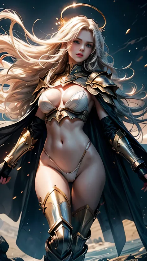 (()) ((magnificent, majestic, beautiful celestial goddess of light)) ((floating above ground)) ((pale skin)) ((Big blue eyes)), ((dark eyeshadows make up)) ((bright red lips)), (()) ((long wavy platinum blonde hair, hair floating around)) ((big breast,1.5)...