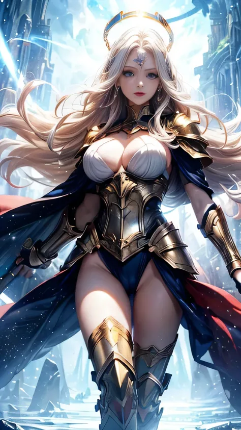 (()) ((magnificent, majestic, beautiful celestial goddess of light)) ((floating above ground)) ((pale skin)) ((Big blue eyes)), ((dark eyeshadows make up)) ((bright red lips)), (()) ((long wavy platinum blonde hair, hair floating around)) ((big breast,1.5)...