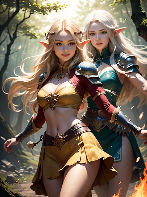 photorealistic, a high resolution, 2 beautiful female elf warriors, ((twins)), long braided golden hair, (wear elven baroque armor), battle-worn, magic, short elf skirt, short top, smiling, fantasy, dynamic pose, background of castle ruins in the forest, (...