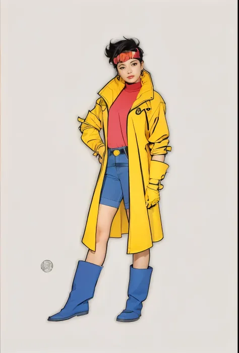 um desenho de um homem com um casaco amarelo e botas azuis, oculos rosa na testa Design de personagens de quadrinhos dos anos 90, Estilo de arte dos x-men dos anos 1970, design de personagens de quadrinhos, retrato de corpo inteiro de jean grey, Estilo de ...