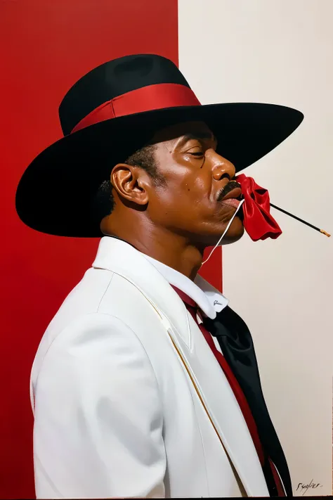 Homem preto. misterioso, White jacket with black shirt, red tie and panama hat with red band, with hat on side covering eyes, cigarro, sem mostrar o rosto. malandro. oil painting style, white panama hat with red drop on the hat,