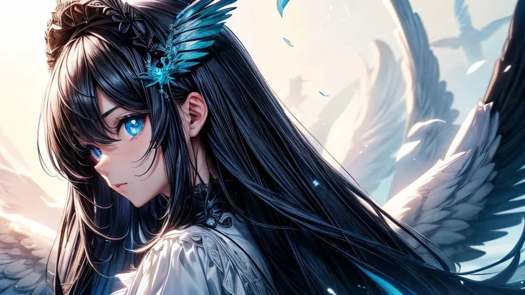 calidad 4K:1.2,super beautiful illustration:1.2,Seraph,((6 alas blancas en la espalda)),rubio,estilos de pelo largo,((hermosos ojos azul cobalto:1.2)),cielo
